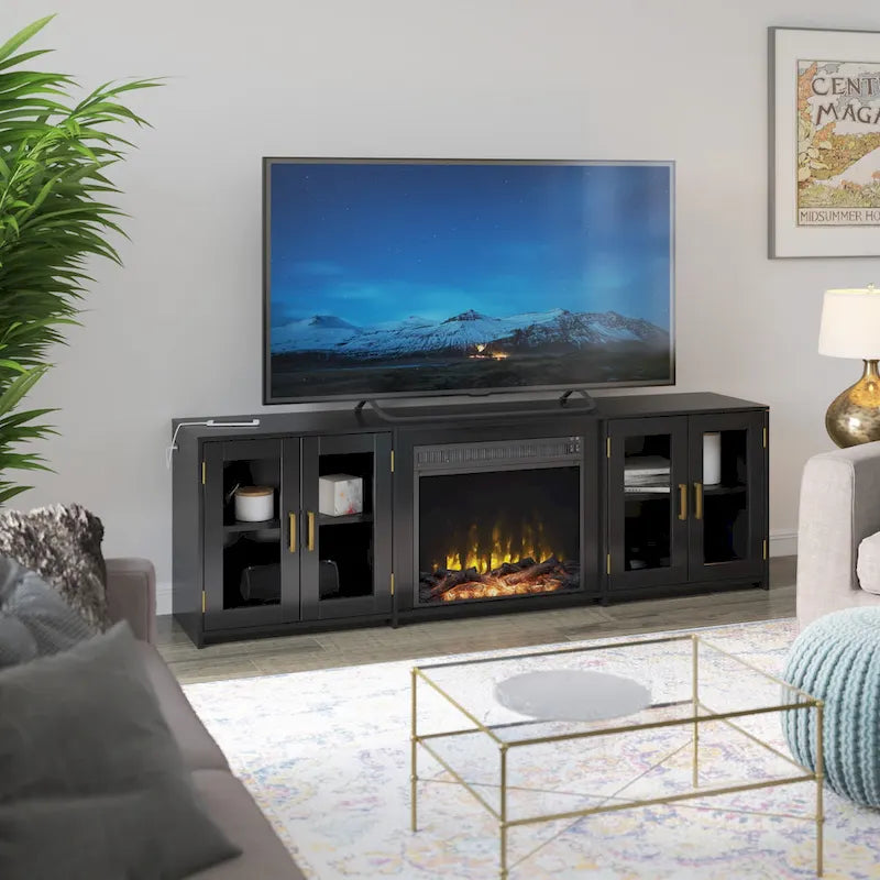 TV Stand for TVs up to 80 with Electric Fireplace and Glass Cabinet Doors