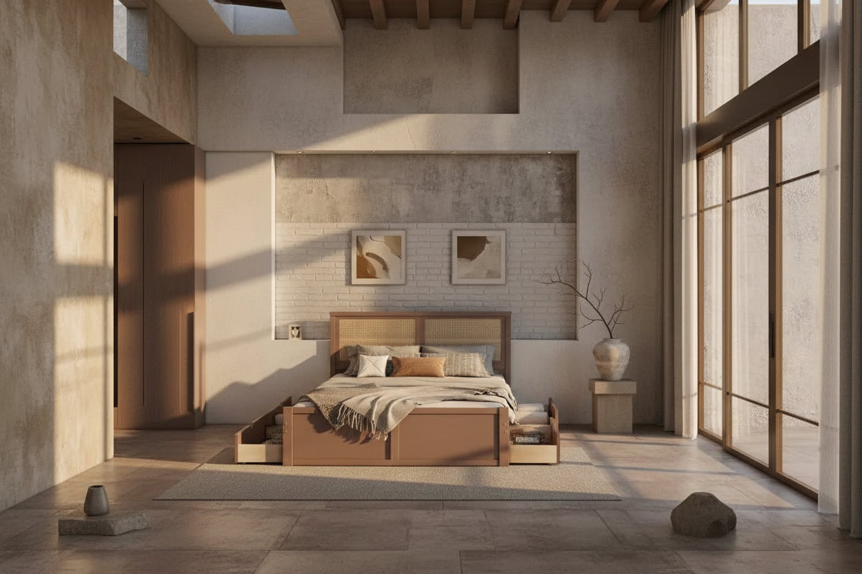 Wood Full Size Storage Platform Bed with 4 Drawers, Rattan Headboard