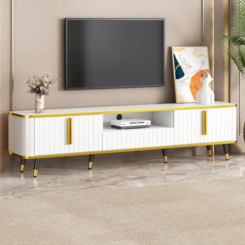 TV Stand with Open Storage Shelf for TVs Up to 85,with Cabinets and Drawers, Practical Media Console with Unique Legs