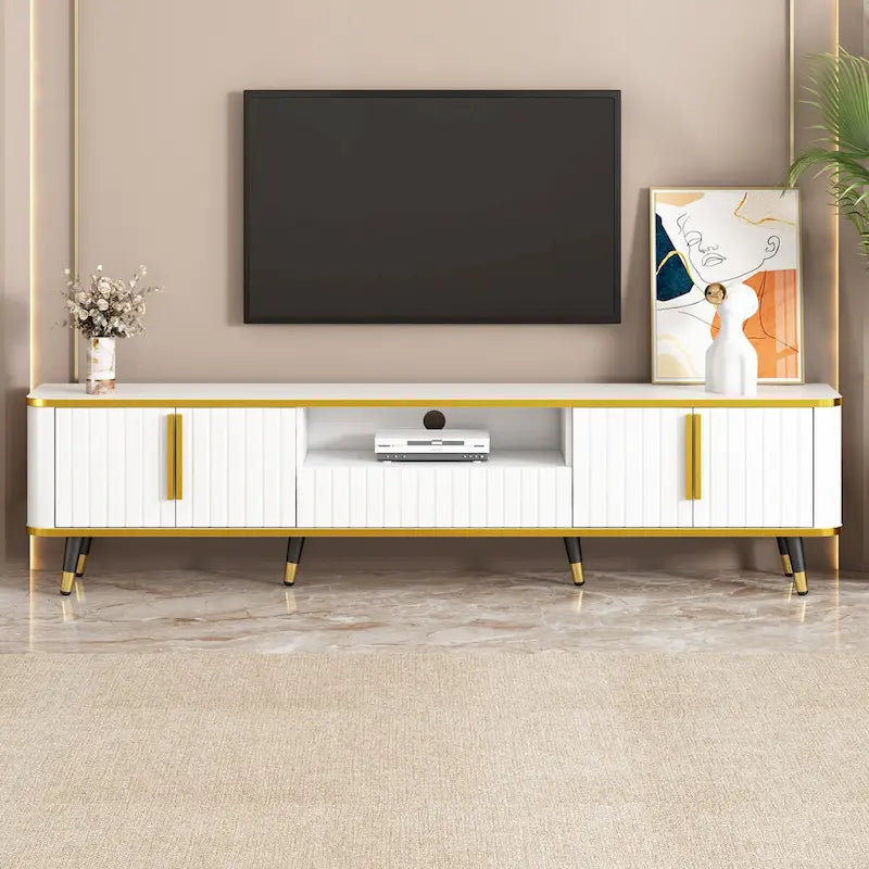 TV Stand with Open Storage Shelf for TVs Up to 85,with Cabinets and Drawers, Practical Media Console with Unique Legs
