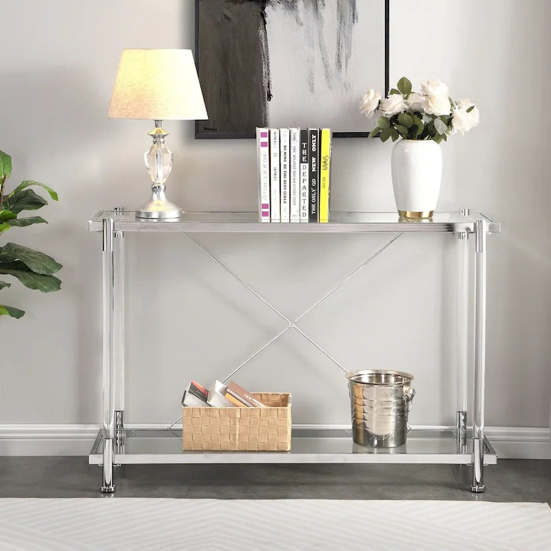 43.31 Chrome Glass Sofa Table, Acrylic Side Table, Console Table for Living Room& Bedroom