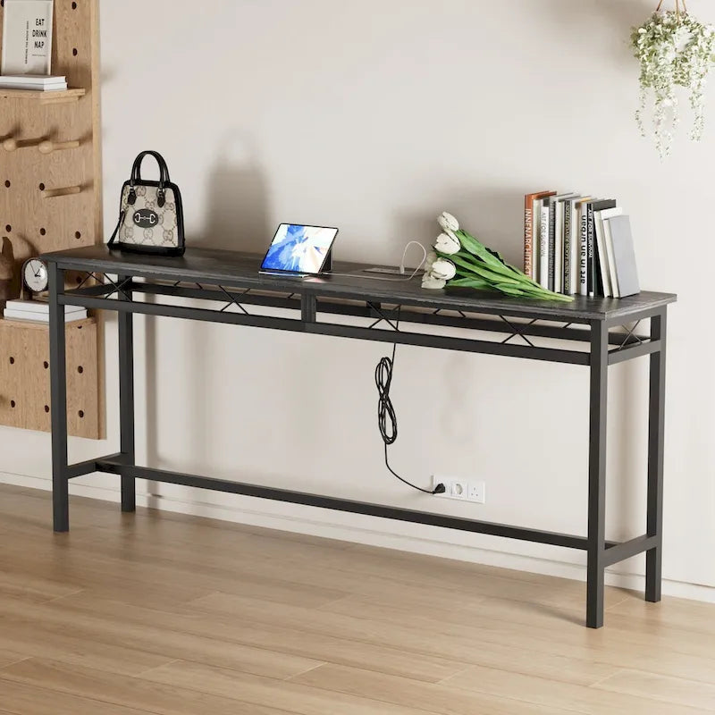 Javlergo Console Table with with Charging Station & USB Ports, Charcoal Gray